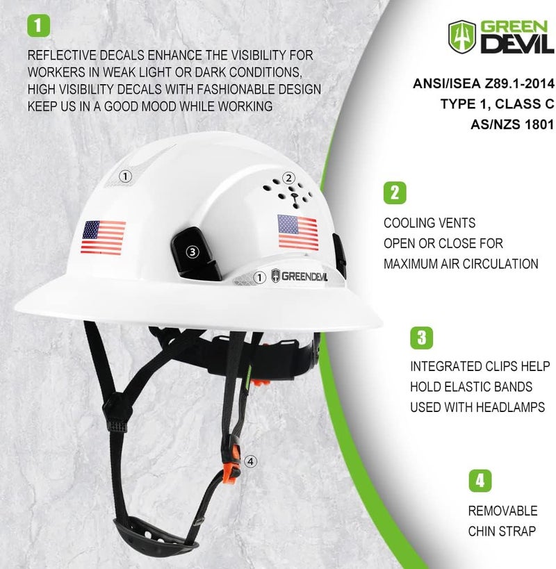 GREEN DEVIL Full Brim Hard Hat Vented Construction Safety Helmet OSHA Approved Cascos De Construccion Work Hardhats with Cooling Towel for Men&Women 6 Point Adjustable Ratchet Suspension - Image 3